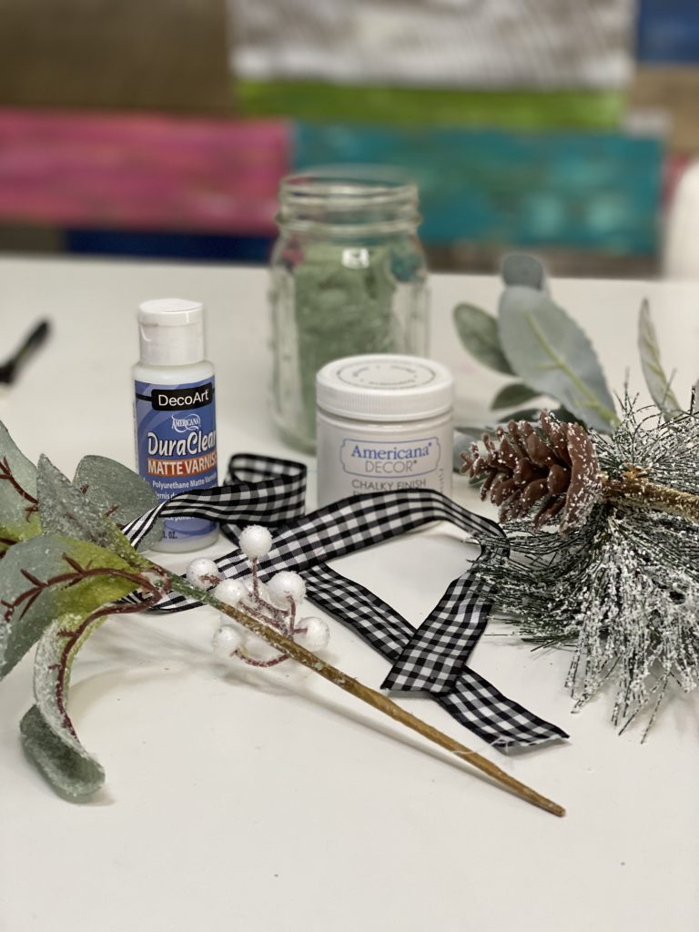 Craft Supplies for Christmas Mason Jar with Buffalo Plaid Ribbon