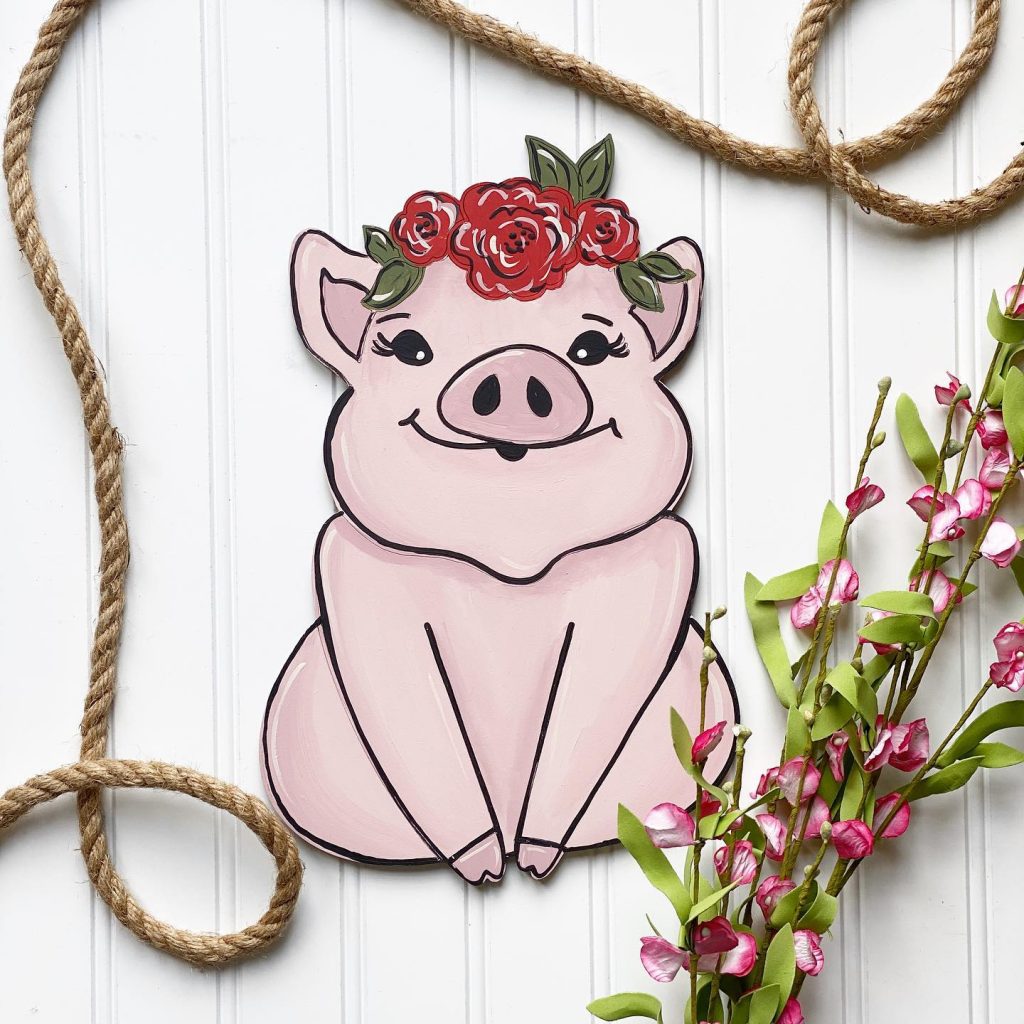 Cute Painted Pig Door Hanger with Flowers