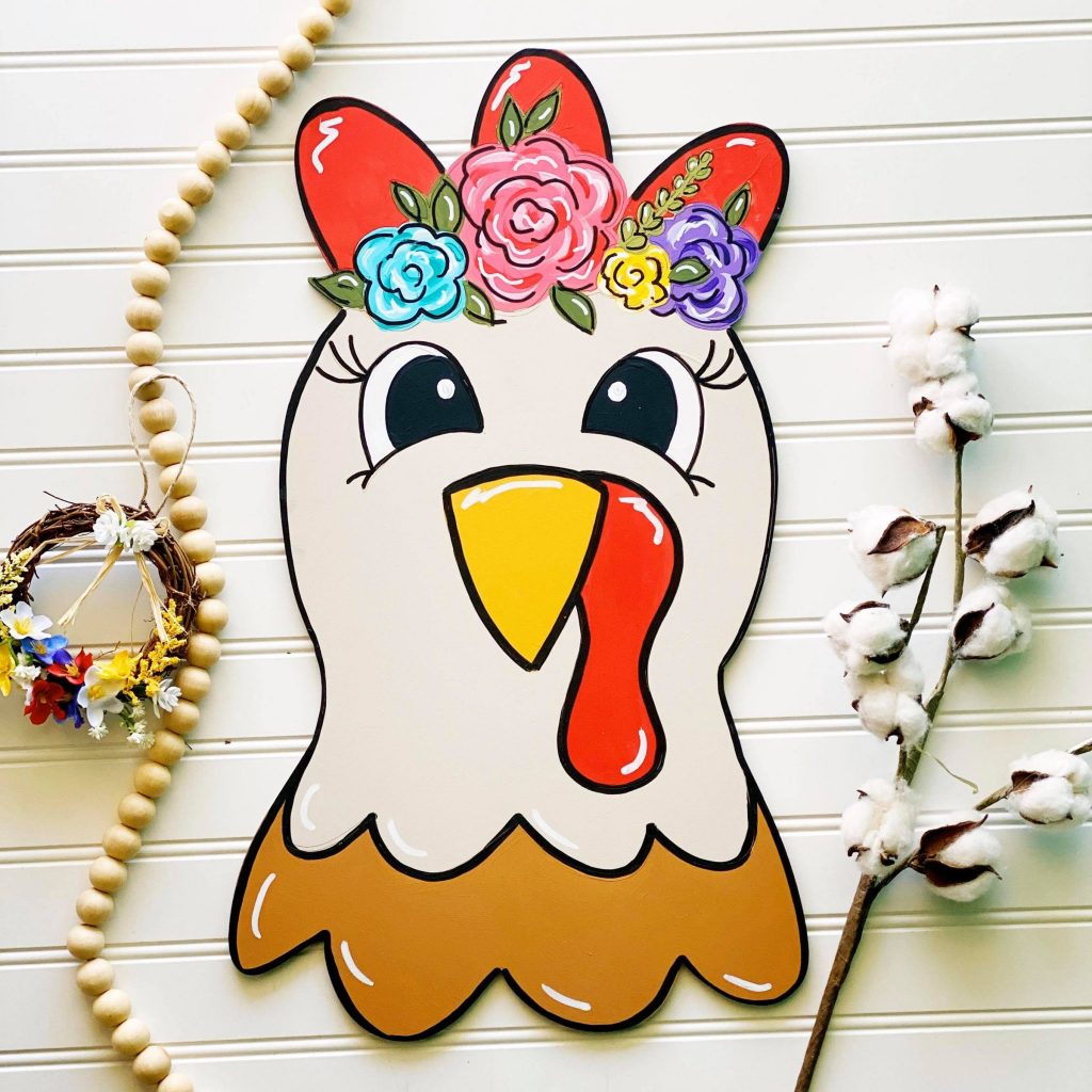 Painted Floral Chicken Hen Door Hanger