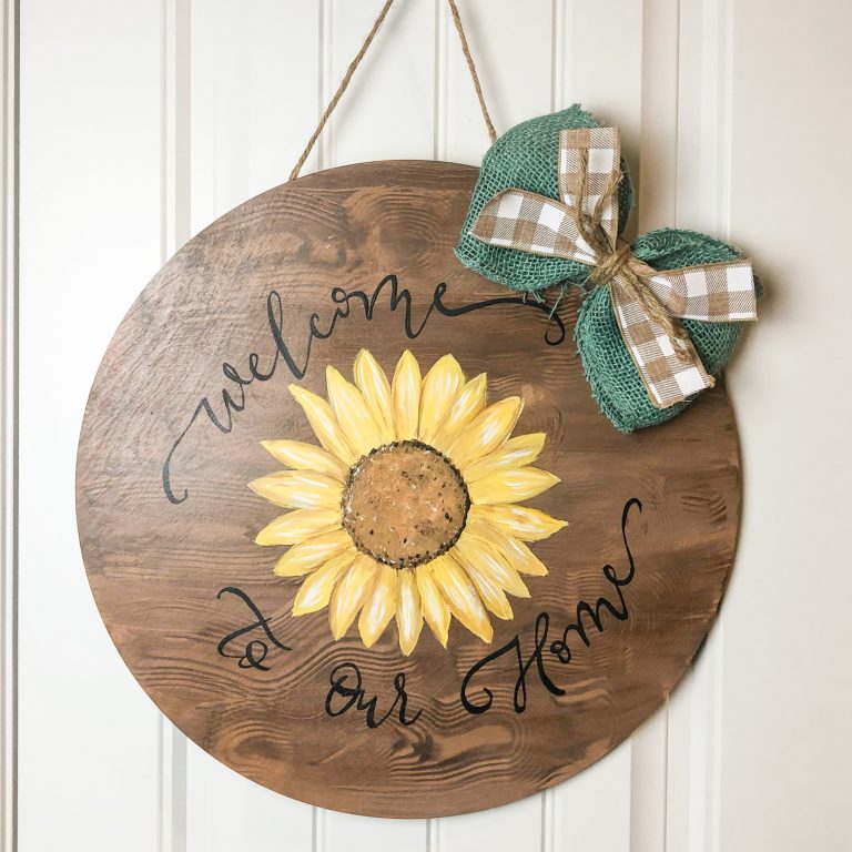 Welcome Our Home Sunflower Faux Wood Barrel Head Door Hanger Sign by Southern A-DOOR-nments