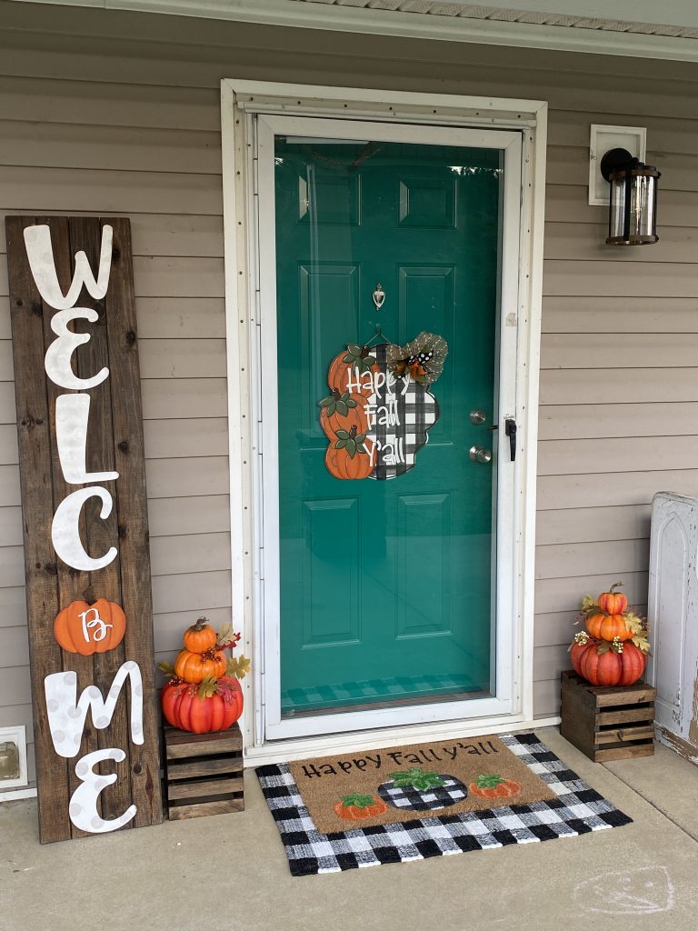 Fall Porch: welcome sign, happy fall sign, mat