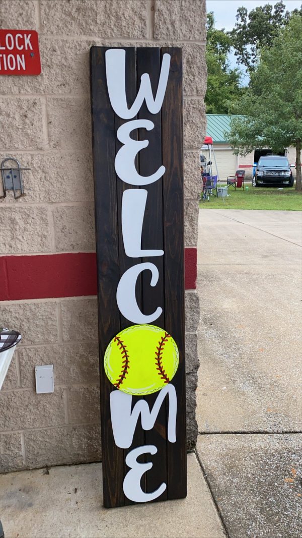 Welcome Wooden Porch Sign with softball