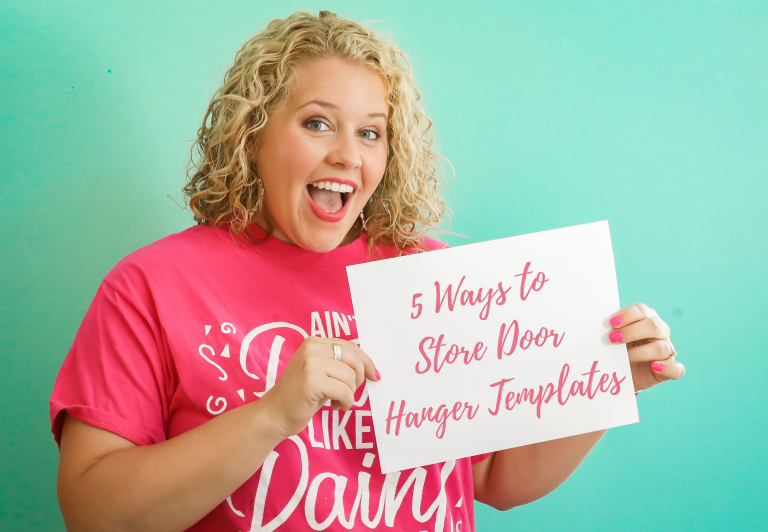 Tamara Holding a Sign that says 5 Ways to Store Door Hangers