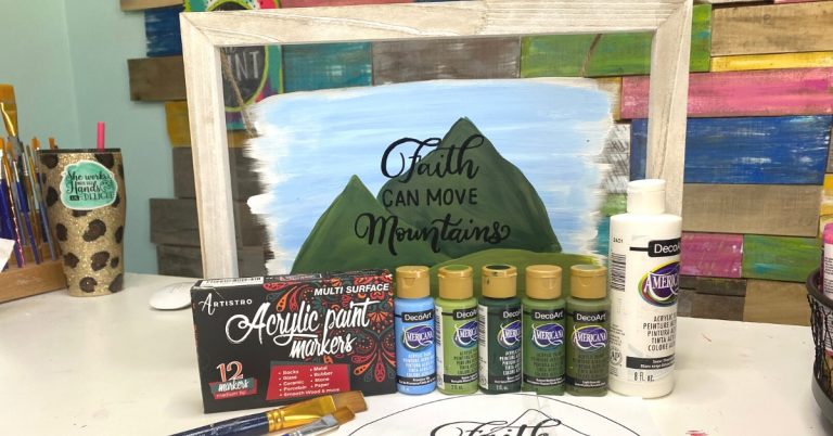 Faith Can Move Mountains Acrylic Frame with all the supplies used to make it