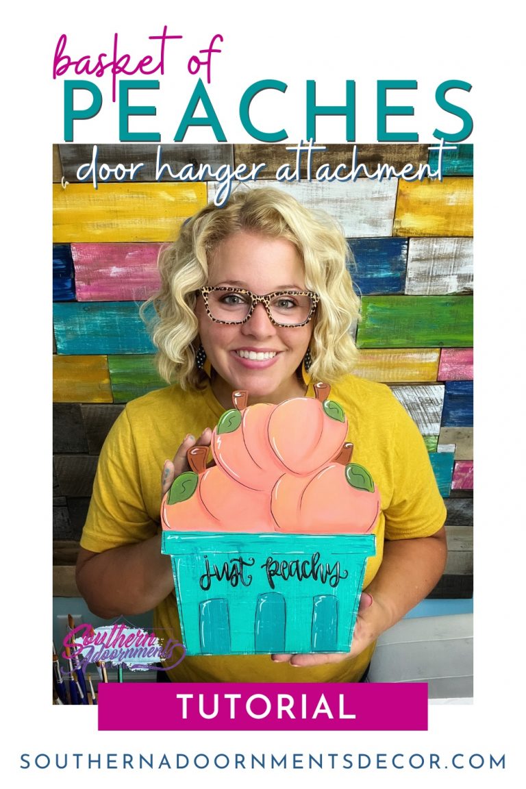 tamara holding a basket of peaches door hanger that she painted