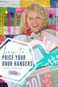 Tamara holding a box of door hangers with a circle that reads "how to price your door hangers"