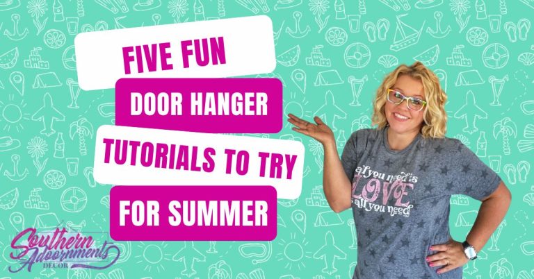 Tamara holding up her hand next to a saying that says "five fun door hanger tutorials to try for summer"