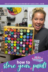 Tamara with a paint storage cube to store craft paint