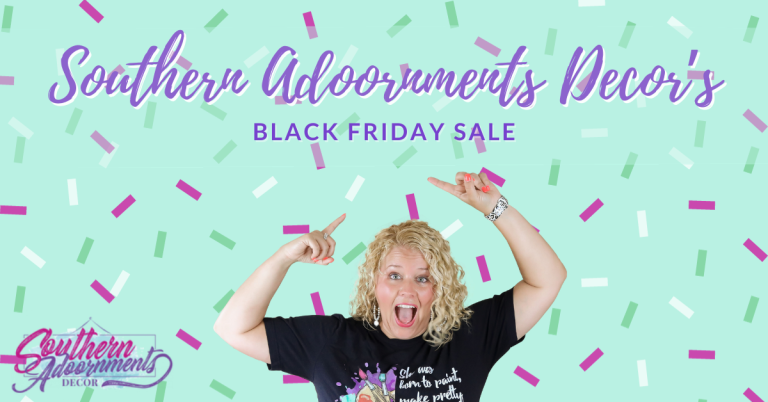 Tamara on a confetti background pointing to words that say "southern adoornments decor's black friday sale"