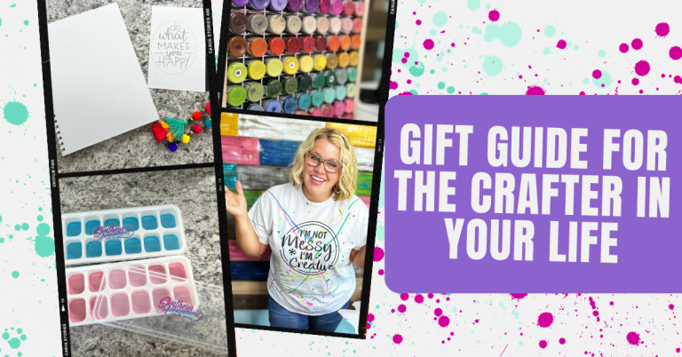 gifts on a film roll with a saying that reads "gift guide for the crafter in your life"